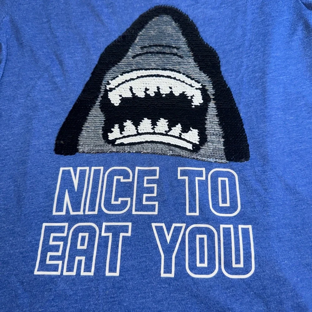 OshKosh Boys Blue Shark Sequin Graphic T-Shirt Nice‎ To Eat You Size 10/12